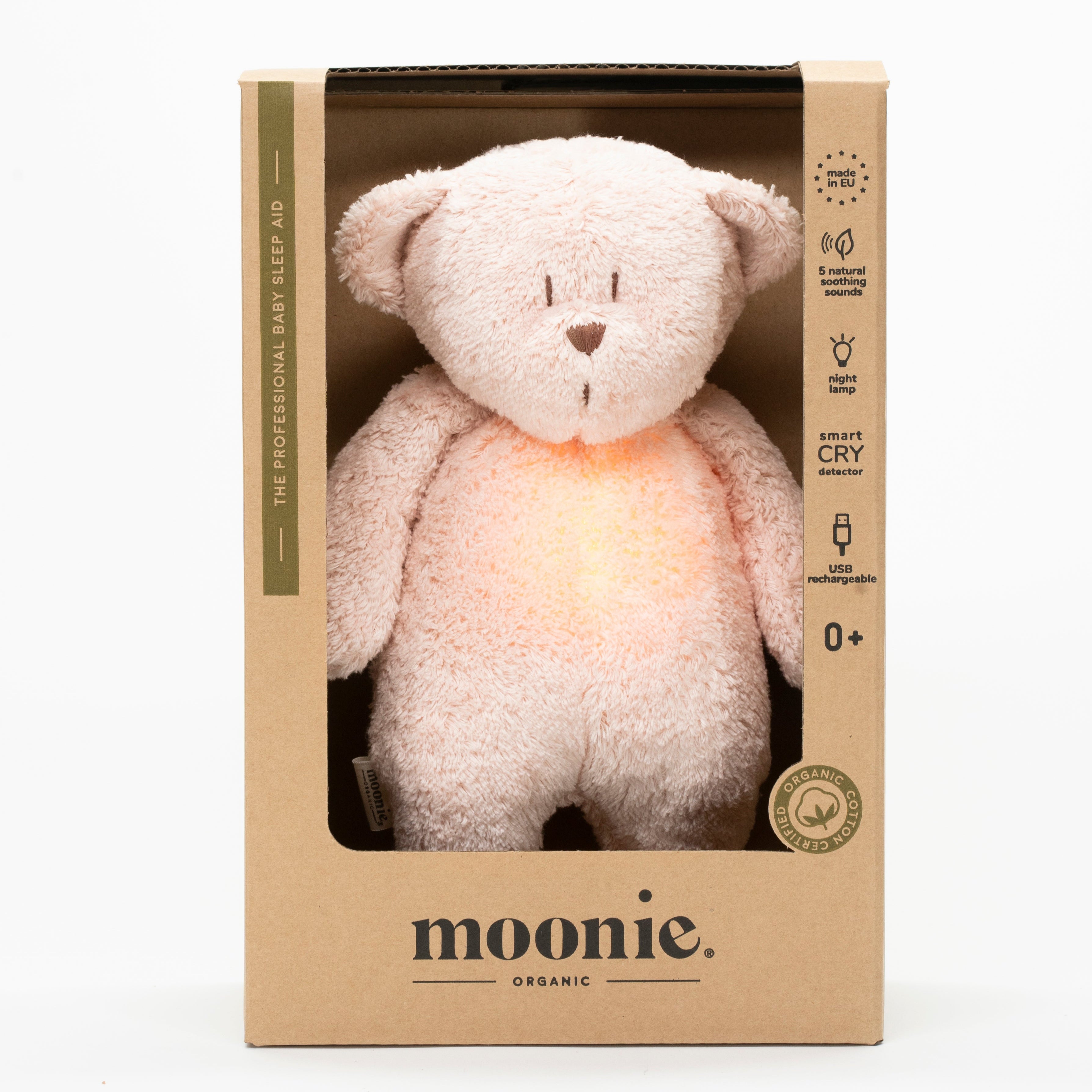 Moonie Teddy Bär organic rosa natur mit Verpackung