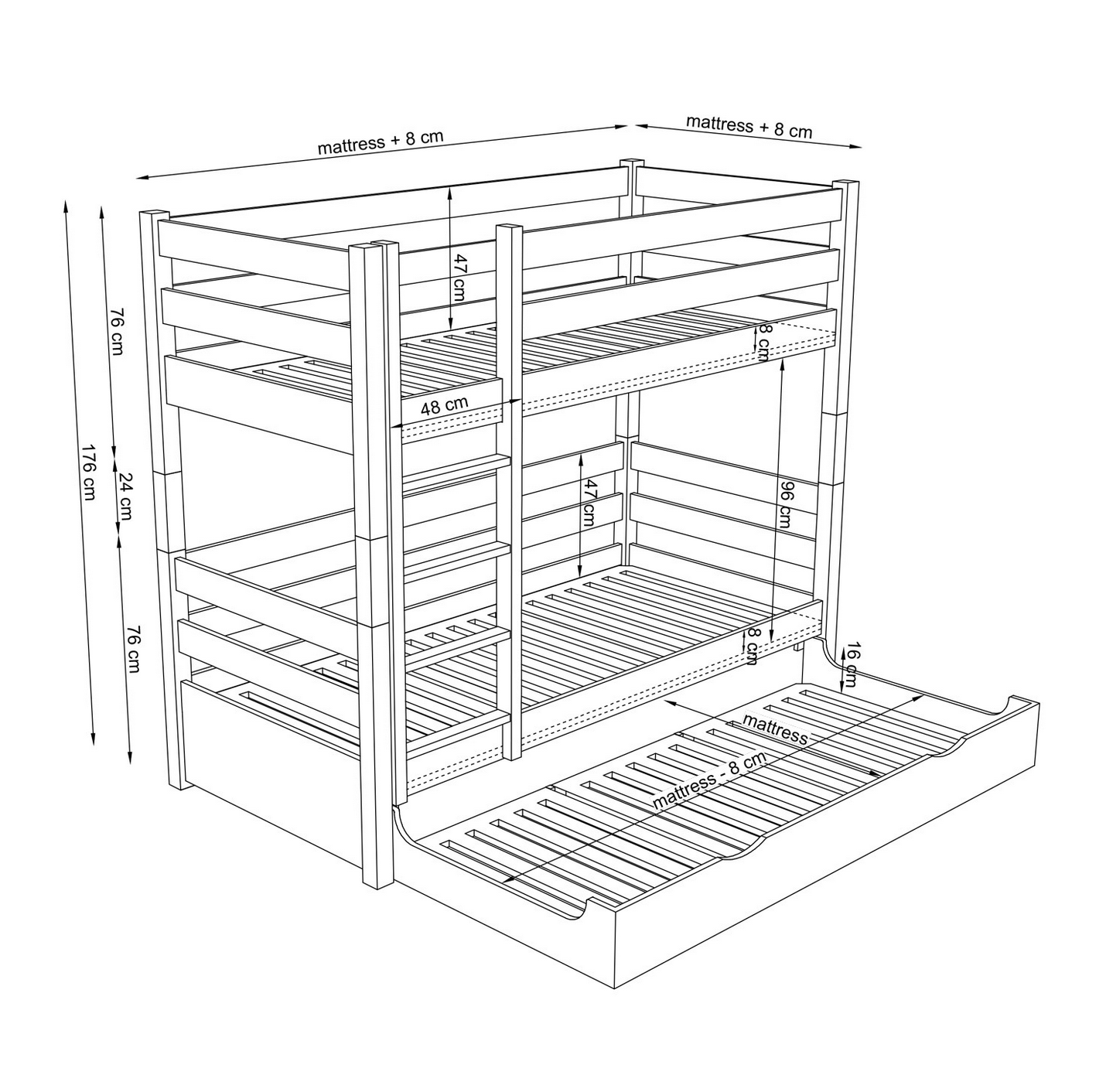 Stockbett WOODY 01 mit Schublade Eiche natur / weiß
