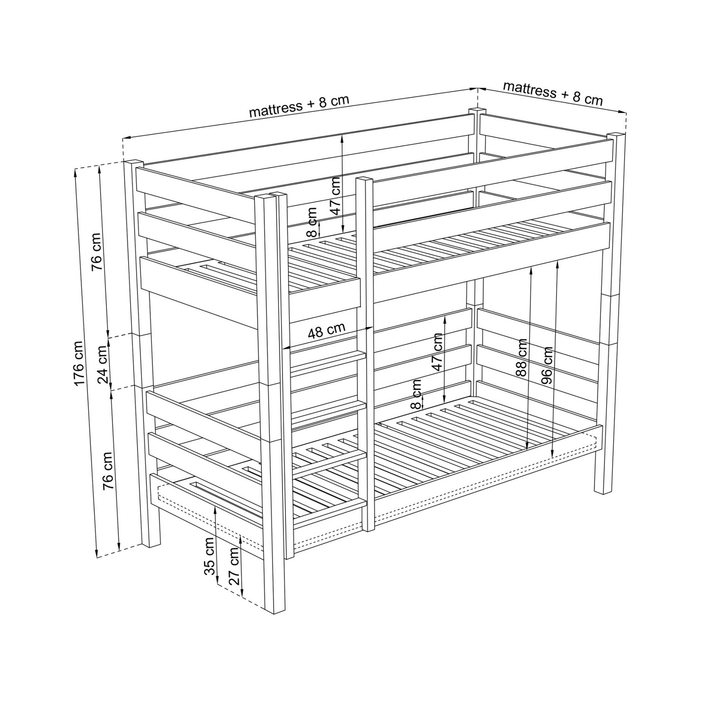 Stockbett WOODY 01 Eiche natur / weiß