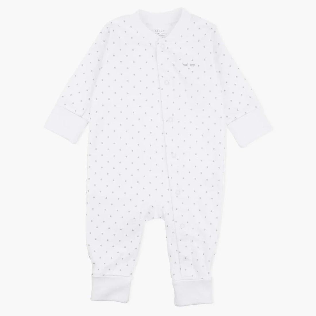 Livly Baby Overall Strampler weiß grau gepunktet