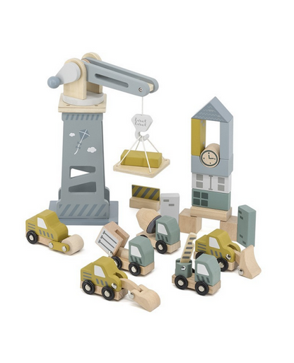 Holzbausteine Set Baustelle mit Kran &amp; Holzautos Label Label