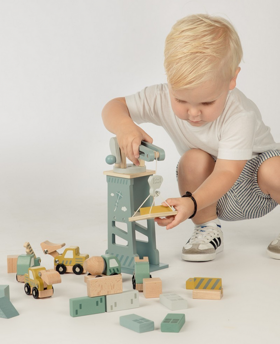 Holzbausteine Set Baustelle mit Kran &amp; Holzautos Label Label Holzbauklötze für Kinder - harmony ambiente