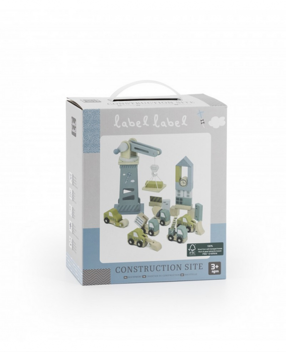 Holzbausteine Set Baustelle mit Kran &amp; Holzautos Label Label Holzbauklötze für Kinder - harmony ambiente